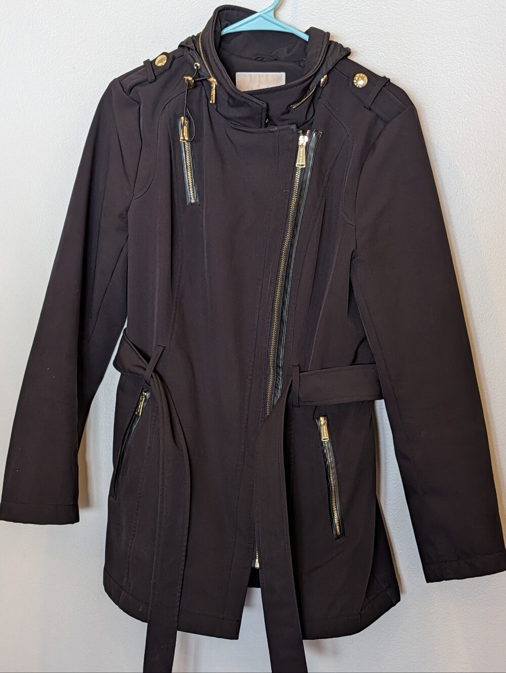 Michael Kors Black Softshell Hooded Belted Utility Jacket Coat Medium